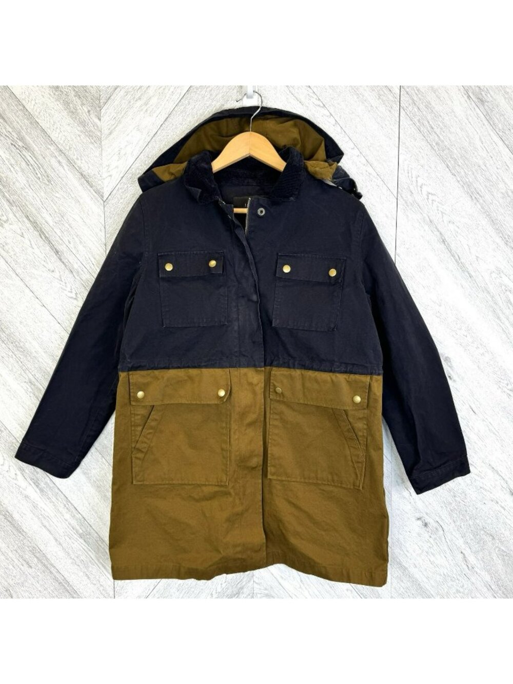 J.Crew Waxed Cotton Field Jacket Womens Medium Barn Chore Utility Navy Tan